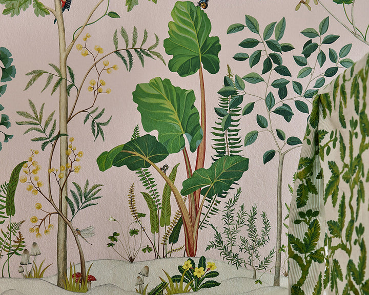 Close up of Sanderson Sycamore and Oak Wallpaper in a home