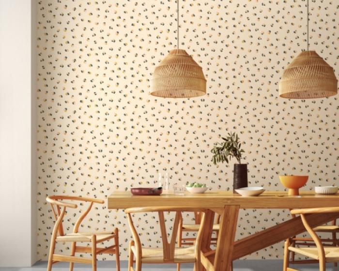 Scion Leopard Dots Wallpaper Pebble / Milkshake in Room