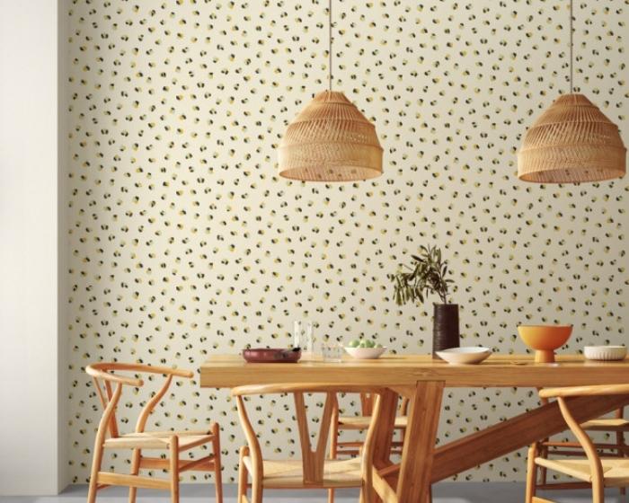 Scion Leopard Dots Wallpaper Pebble / Sage in Room