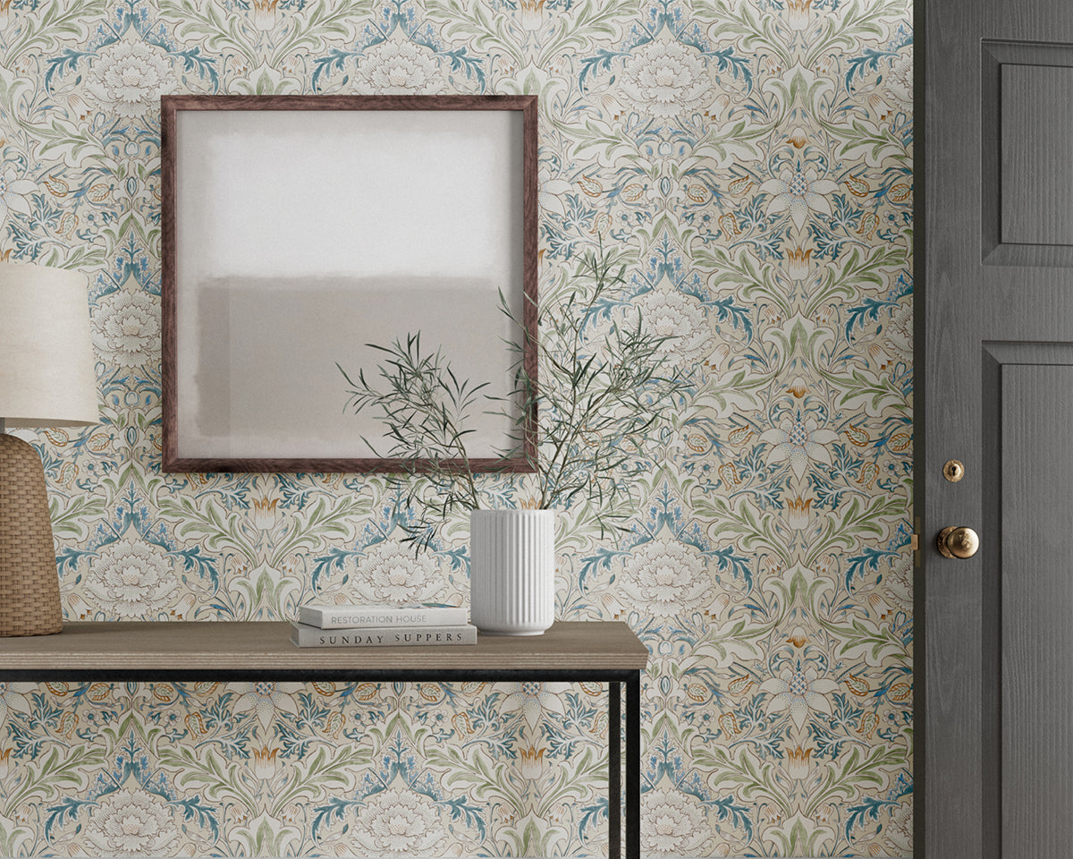 Morris & Co Simply Severn Wallpaper in Room Bayleaf/Annatto