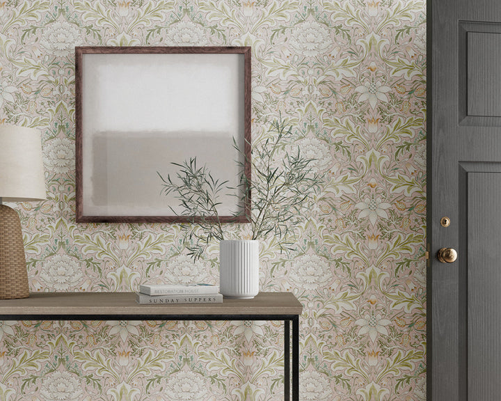 Morris & Co Simply Severn Wallpaper in Room Cochineal/Willow