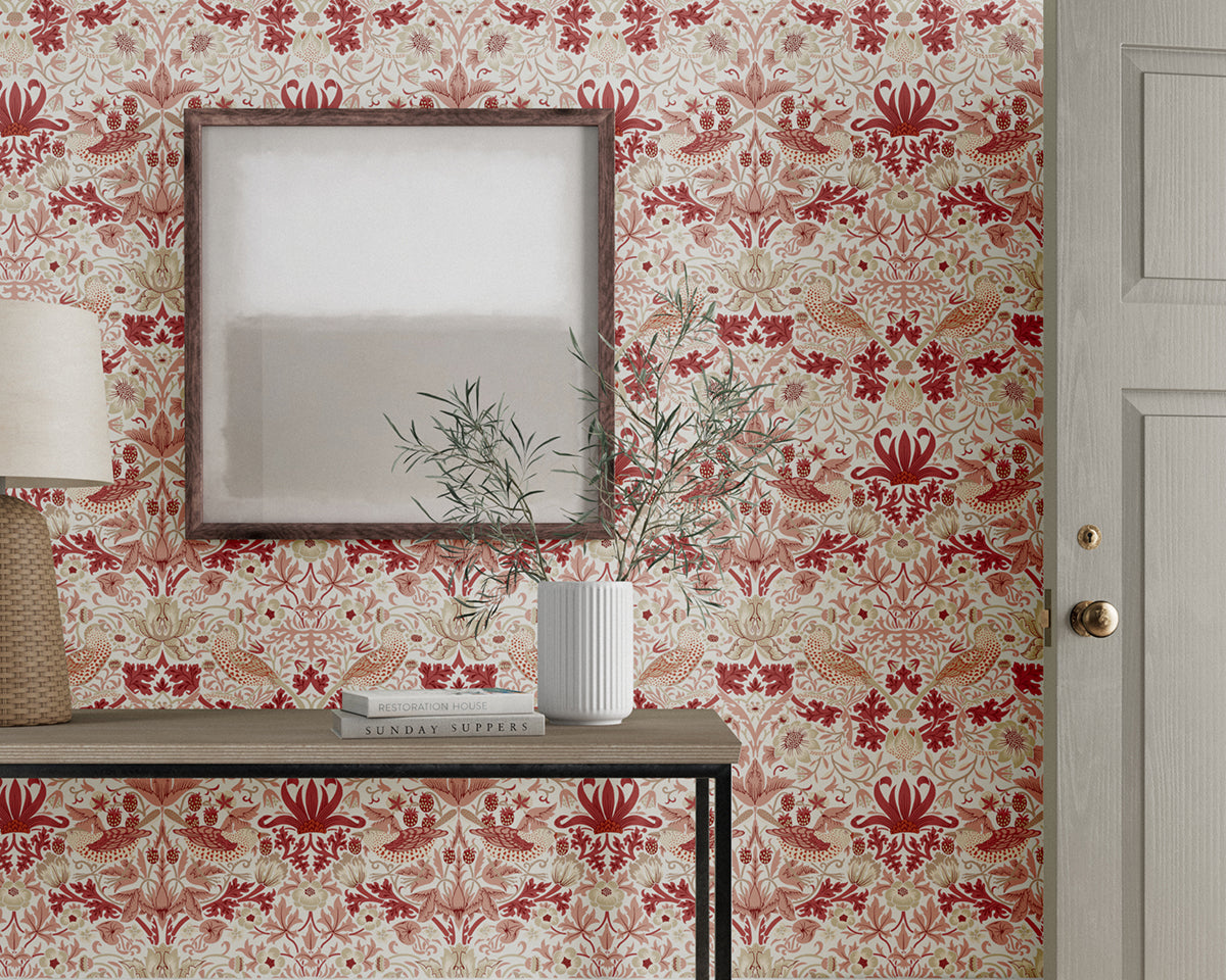 Morris & Co Simply Strawberry Thief Wallpaper in Room Madder