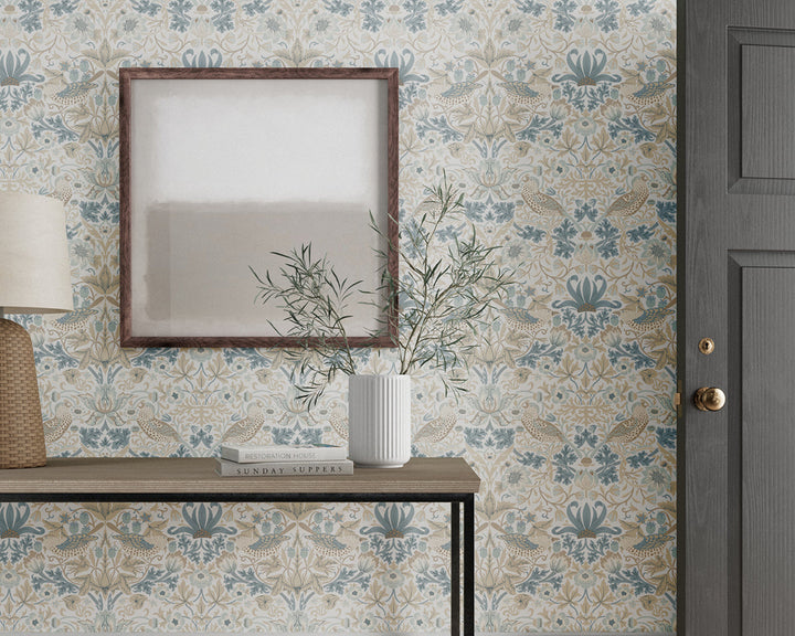Morris & Co Simply Strawberry Thief Wallpaper in Room Slate/Vellum