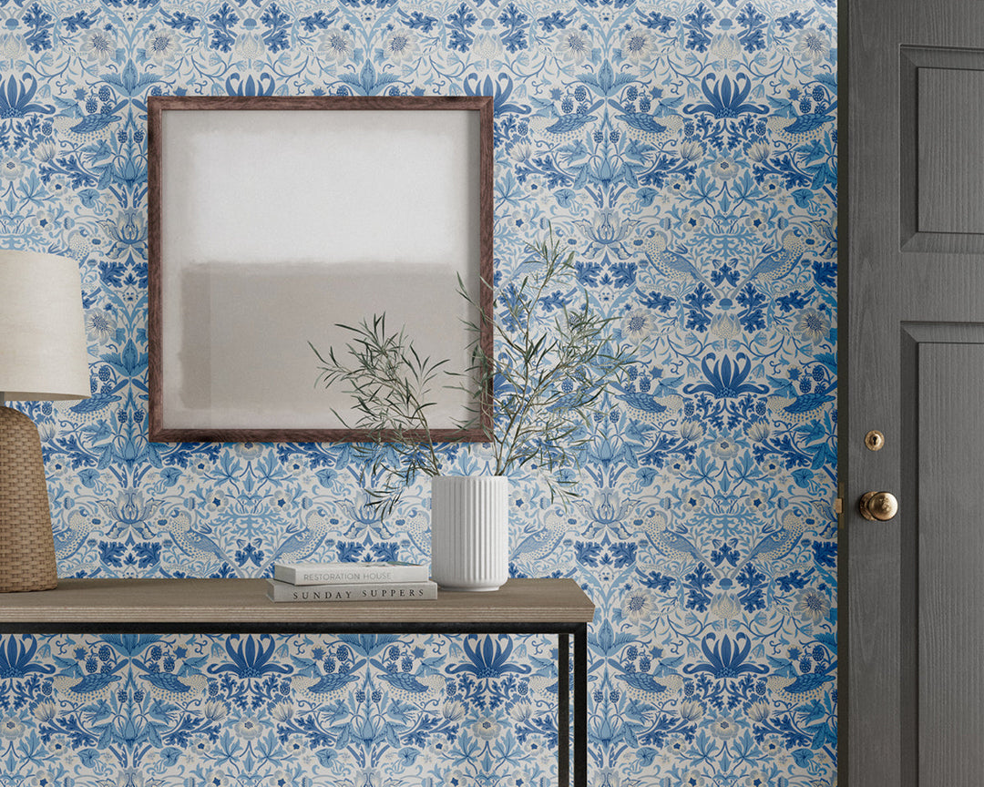 Morris & Co Simply Strawberry Thief Wallpaper in Room Woad