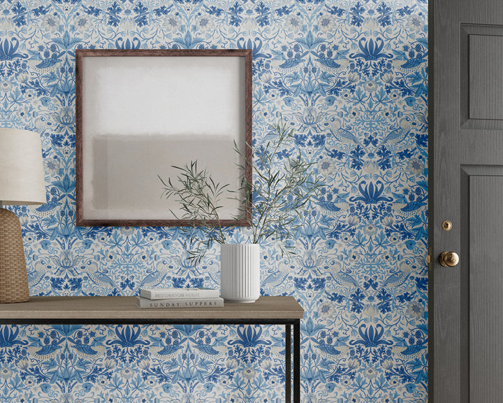 Morris & Co Simply Strawberry Thief Wallpaper in Room Woad