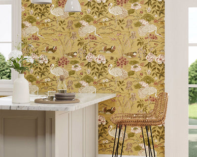 Sanderson Crane & Frog Wallpaper Honey/Olive