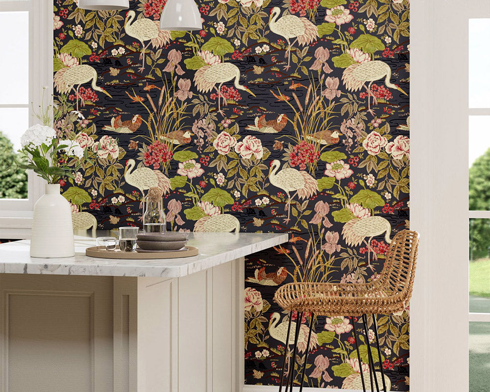 Sanderson Crane & Frog Wallpaper Ink Black/Multi