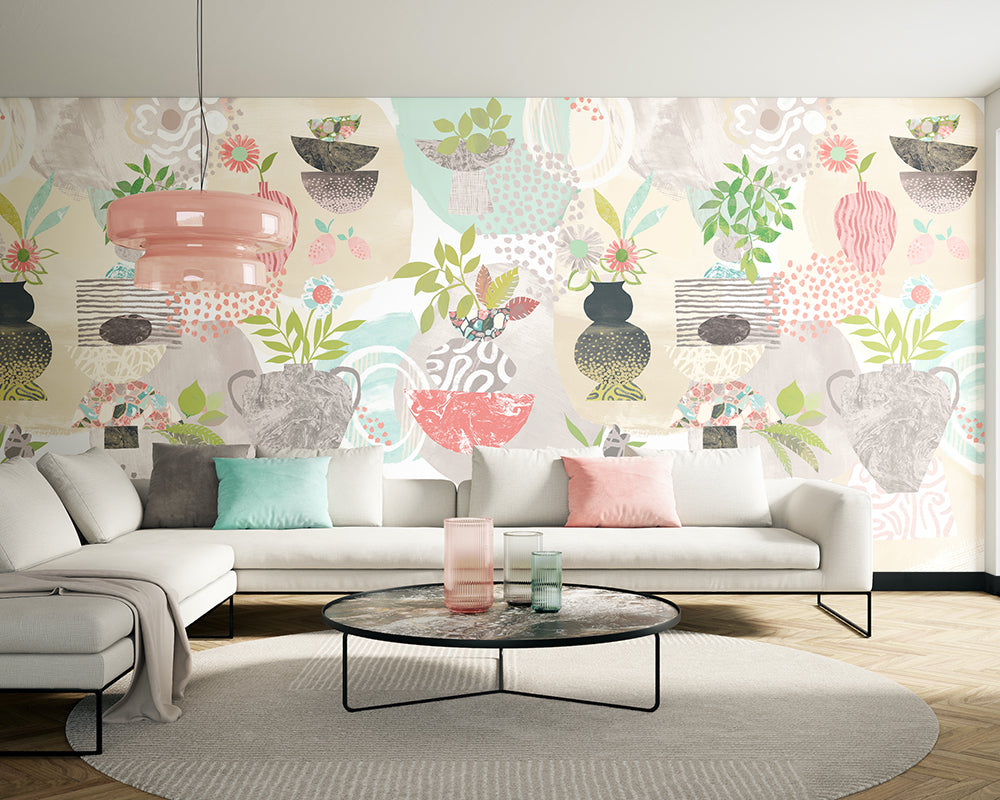 OHPOPSI Abstract Fusion Wallpaper as a feature wall in a lounge