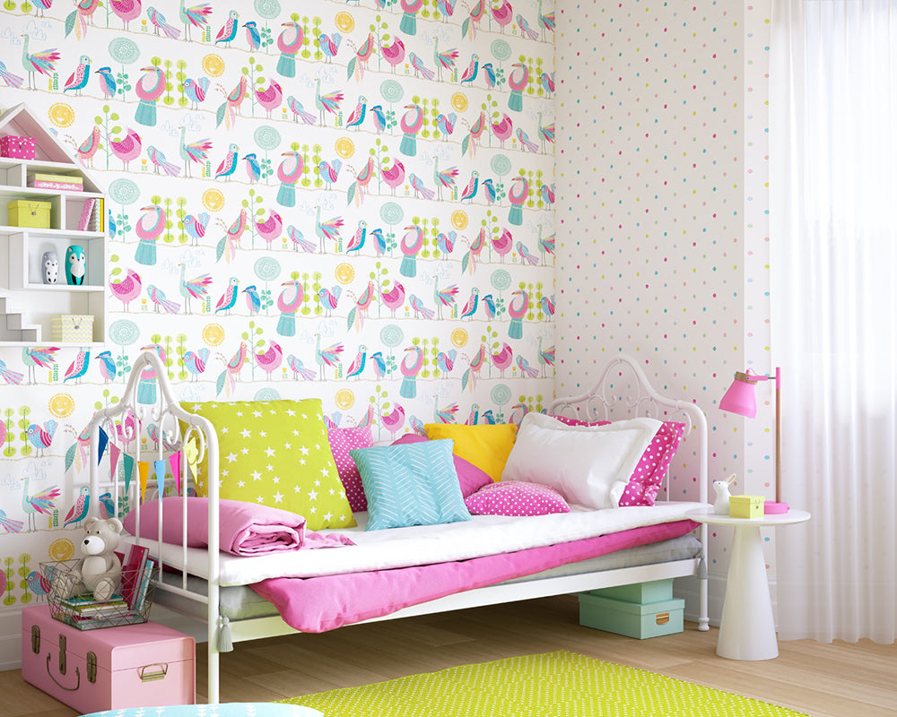 OHPOPSI Feather Fandango Wallpaper in a children's bedroom