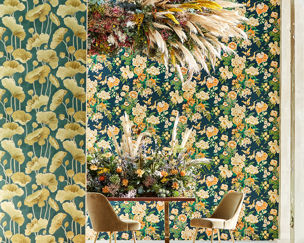 Sanderson Emperor Peony Wallpaper in dining room