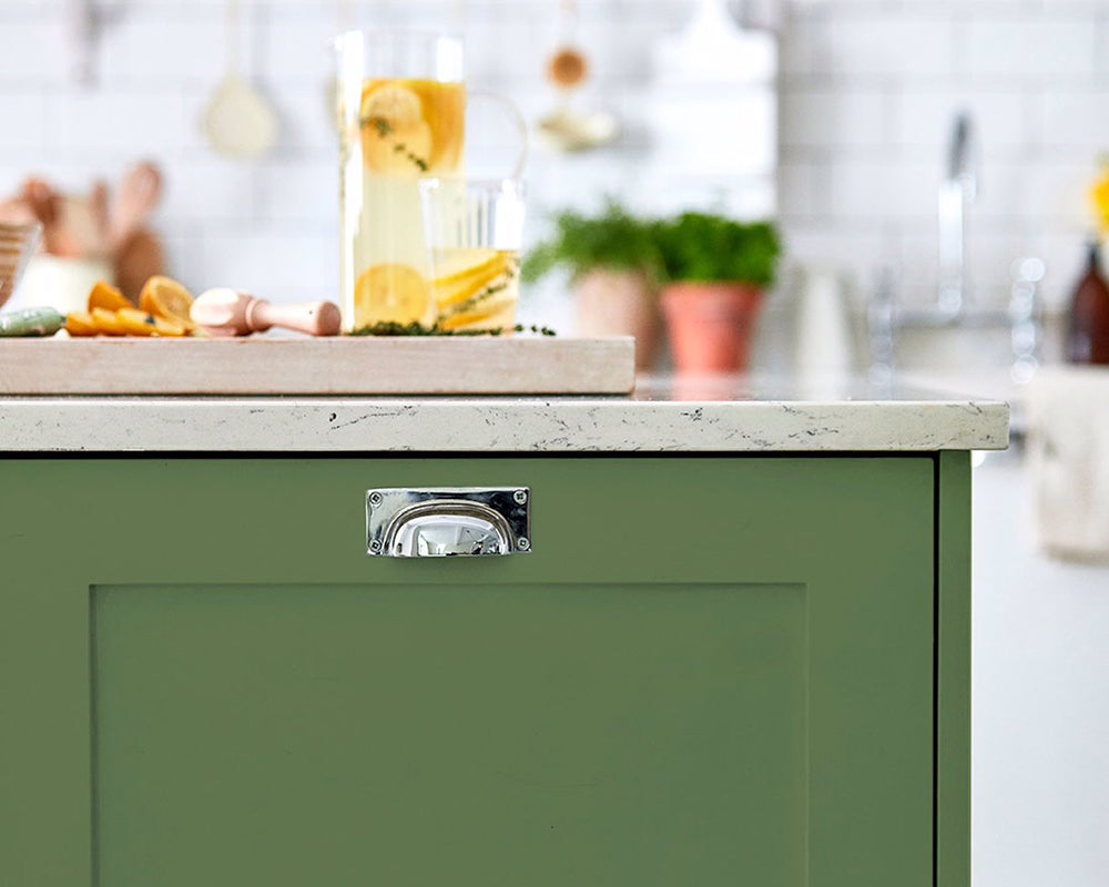 Close up of Devon Green paint on kitchen cabinets