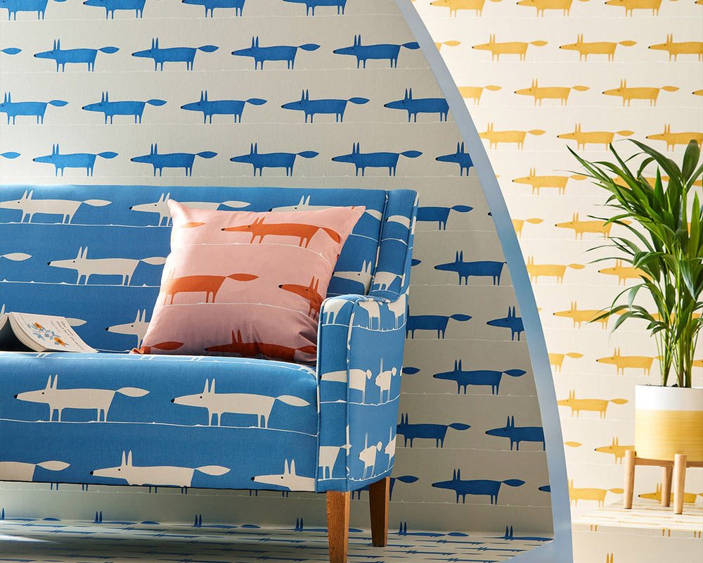 Scion Midi Fox Pebble Denim Wallpaper 112817 in Room