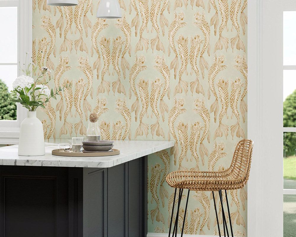 Sanderson Voyaging Koi Wallpaper Oriental Green/ Honey